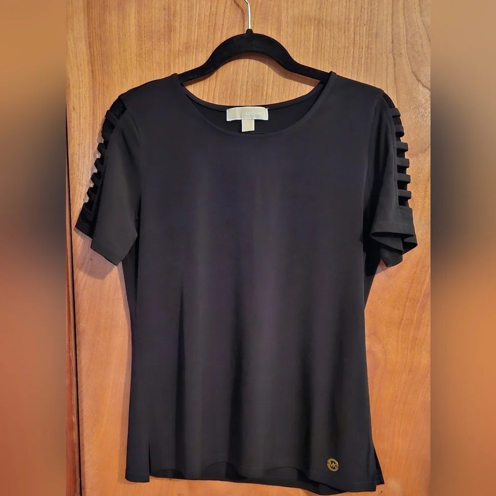Michael Kors Black Cutout Ladder Sleeve Top | Gold Logo Detail